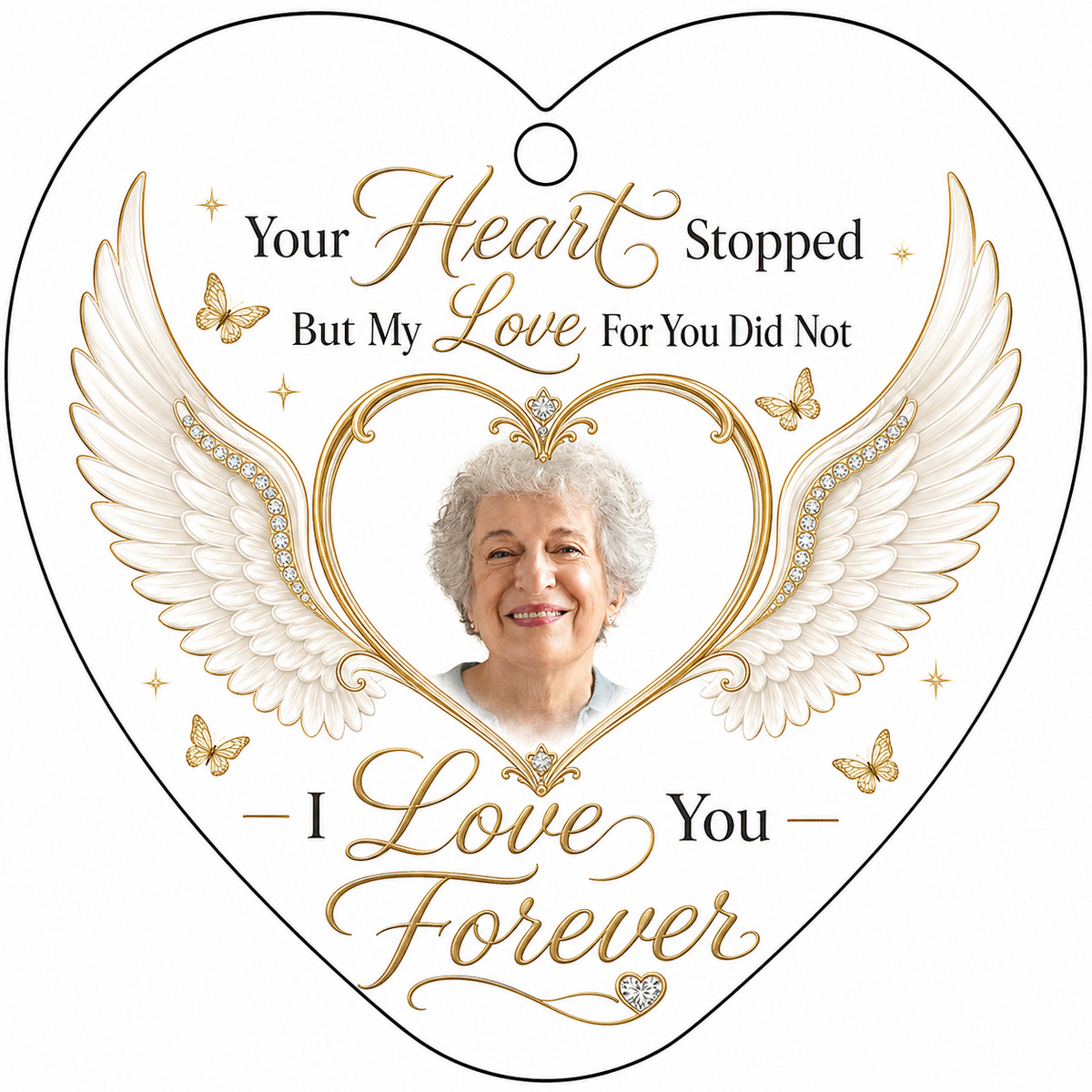 Heart-shaped glass ornament with white angel wings, gold heart photo frame, golden butterflies and sparkles.