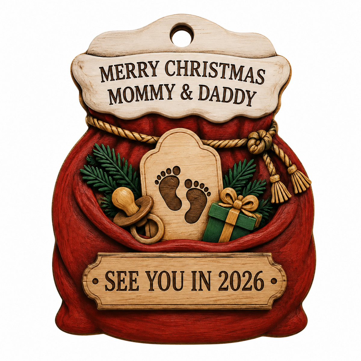 Red Santa sack wood ornament with rope tassels, baby footprints plaque, pacifier, and green gift box.