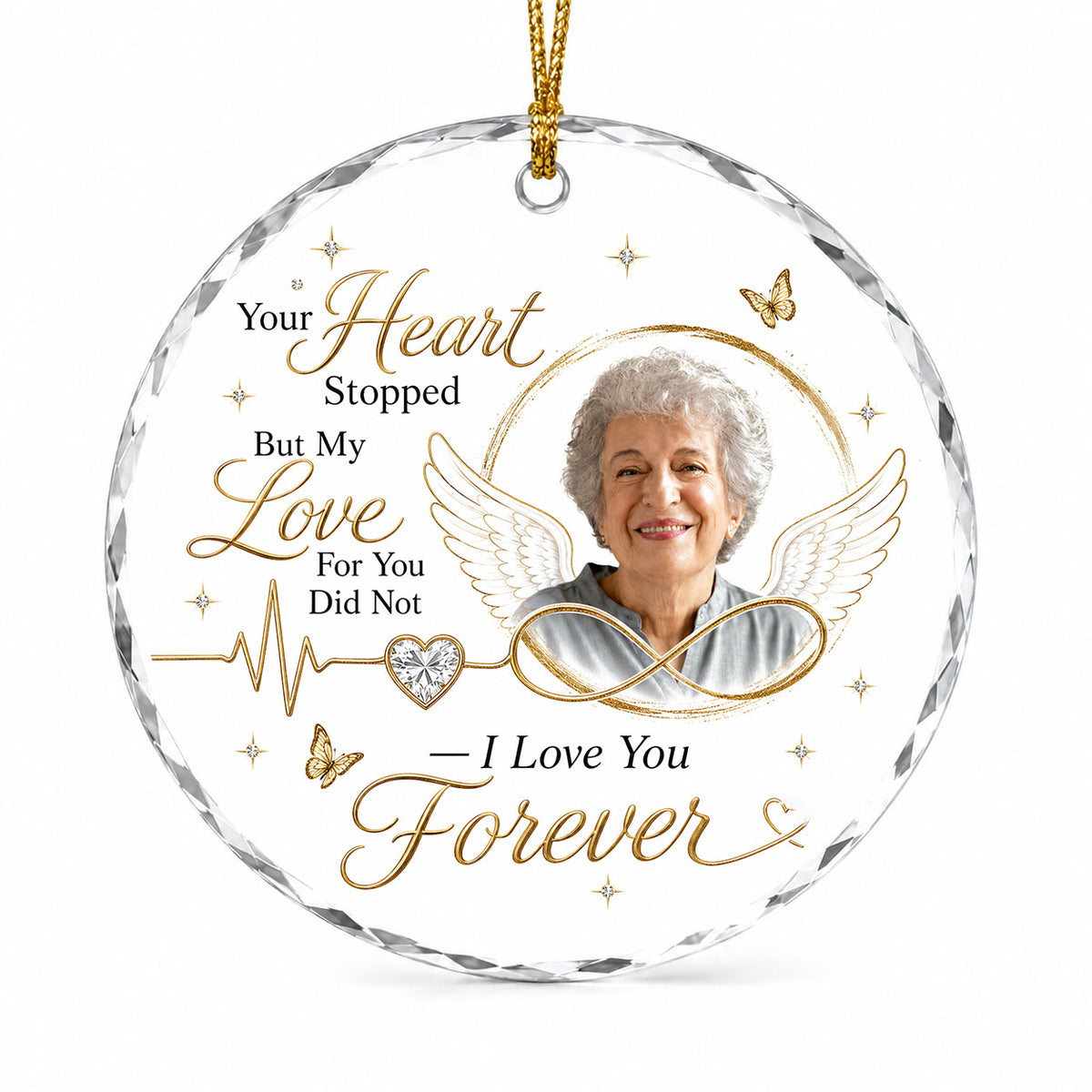 Round ornament with angel wings, photo circle, infinity symbol, heartbeat line to heart, and butterflies.