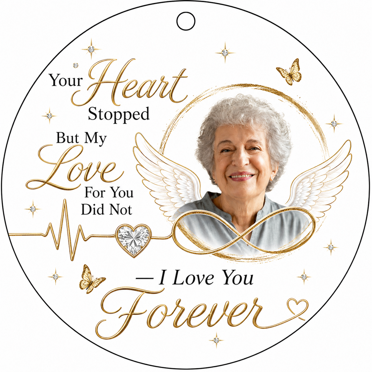 Round ornament with angel wings, photo circle, infinity symbol, heartbeat line to heart, and butterflies.