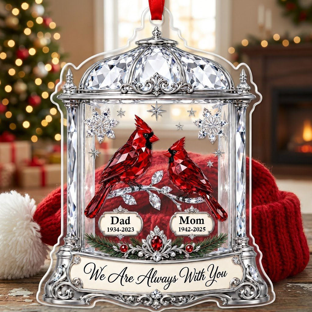 Ornate silver lantern acrylic ornament with two red cardinals and We Are Always With You message, plus spaces for names 