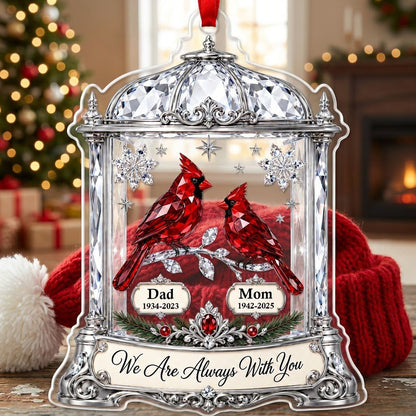 Ornate silver lantern acrylic ornament with two red cardinals and We Are Always With You message, plus spaces for names 
