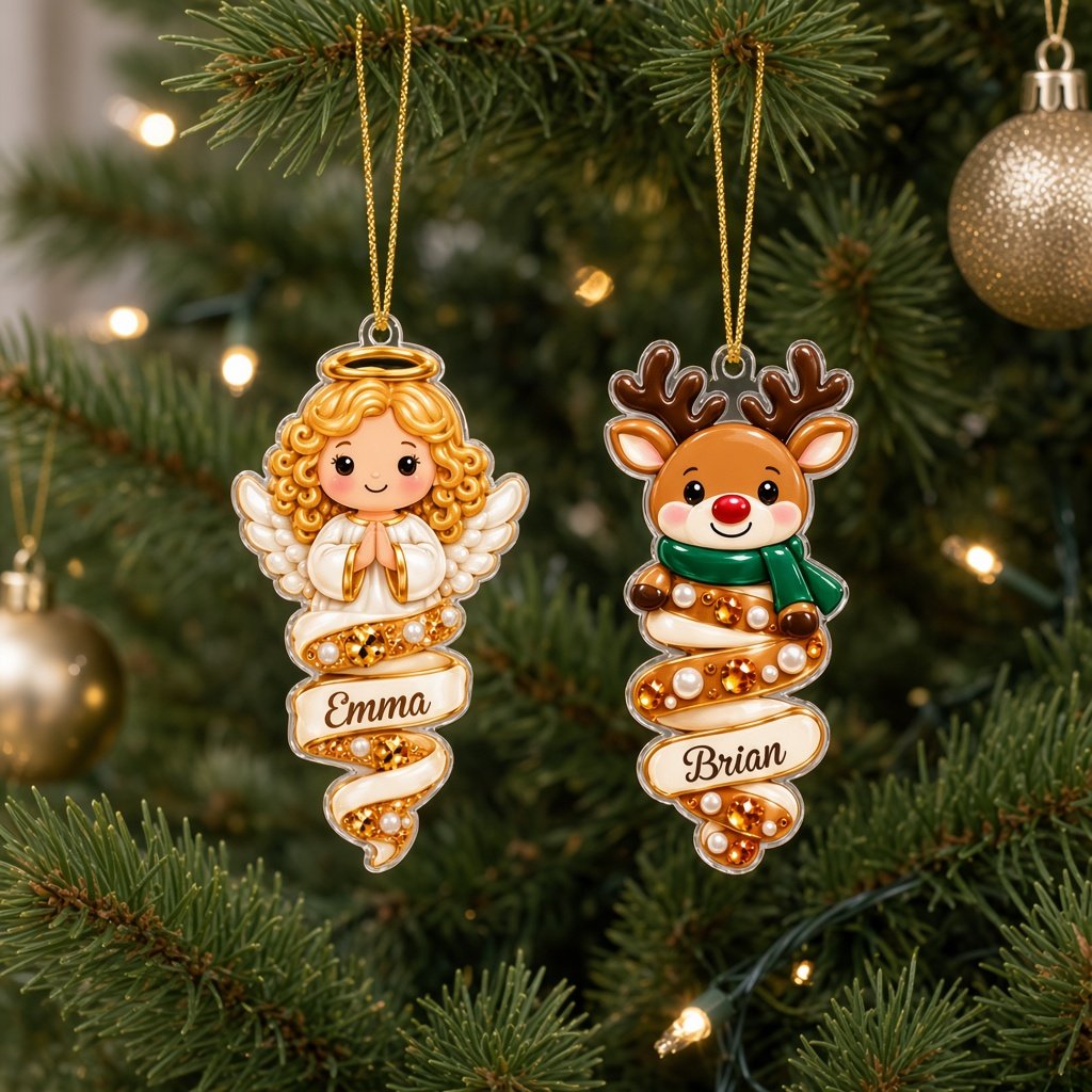 Custom-cut acrylic ornament with polar bear or Mrs. Claus atop a jeweled spiral ribbon and a name scroll banner.