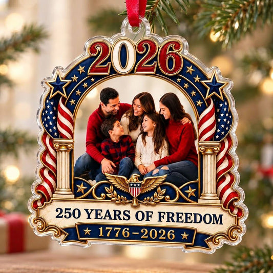 Ornate arched acrylic ornament with 2026, flag-draped columns, eagle emblem, and a central family photo frame