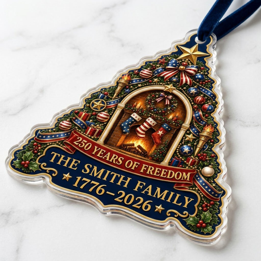 Personalized America 250th Tree Fireplace Acrylic Ornament, Custom Patriotic Holiday Keepsake