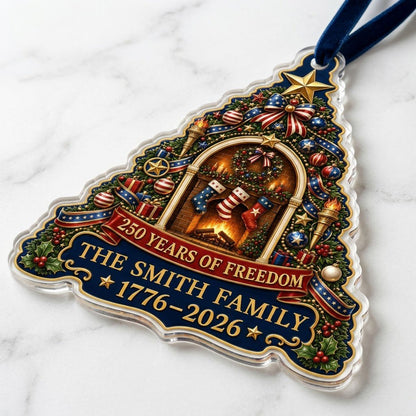 Personalized America 250th Tree Fireplace Acrylic Ornament, Custom Patriotic Holiday Keepsake