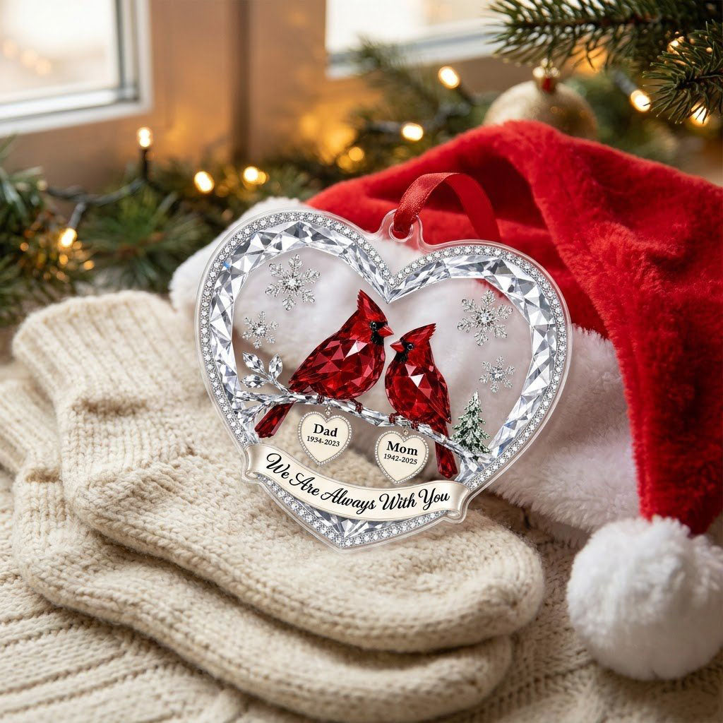 Heart ornament with two red crystal-style cardinals, snowflakes, a ribbon banner, and two dangling name-date heart charm