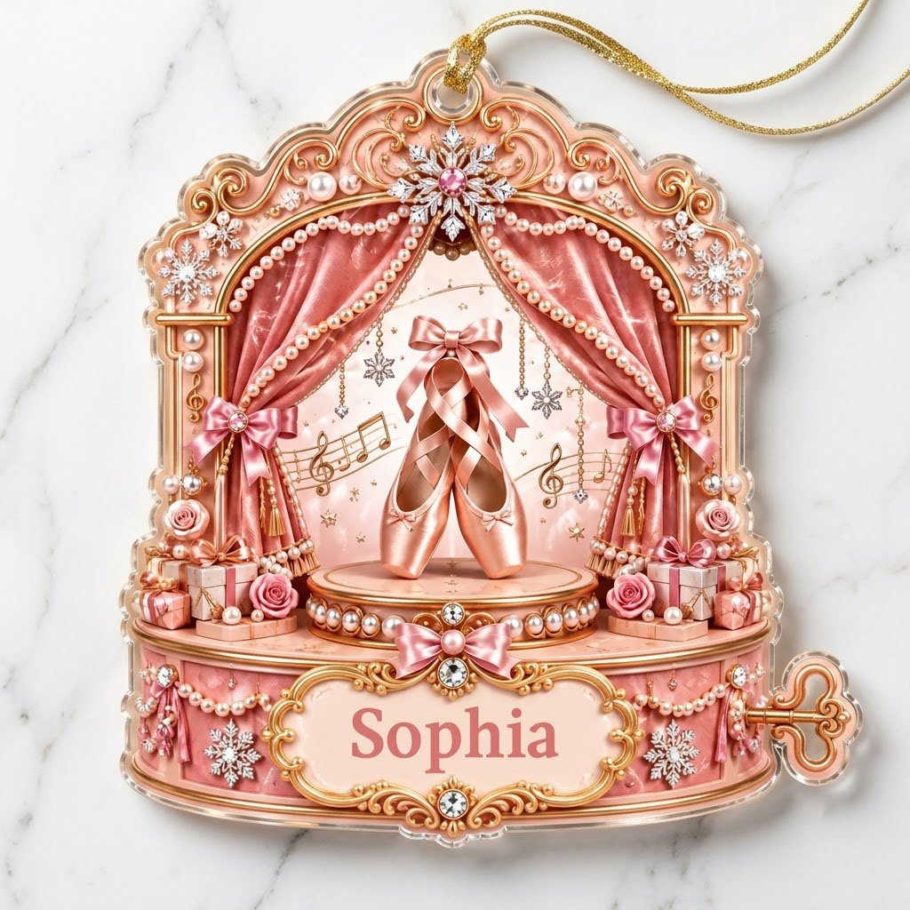 Pink ballet music box ornament with pointe shoes, velvet curtains, pearls, snowflakes, and a name plaque.