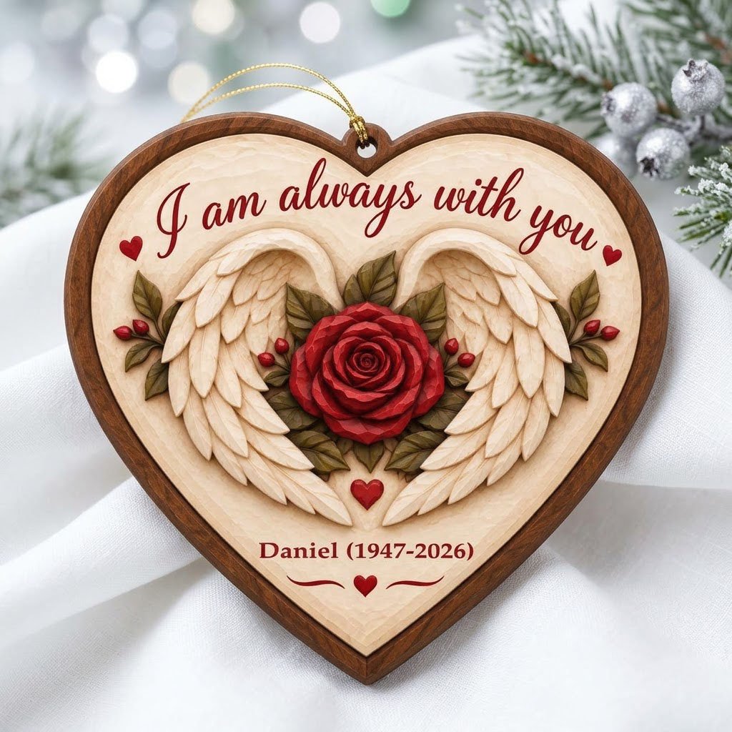 Heart-shaped wood ornament with angel wings around a red rose and the words 'I am always with you'.