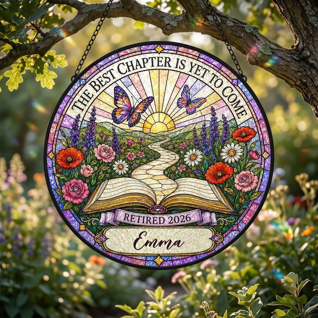 Personalized Retirement Open Book Pathway The Best Chapter Is Yet To Come Stained Glass Round Suncatcher
