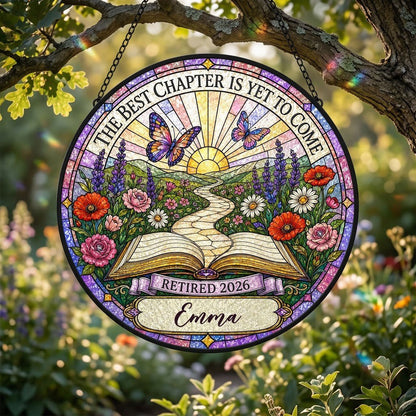 Personalized Retirement Open Book Pathway The Best Chapter Is Yet To Come Stained Glass Round Suncatcher