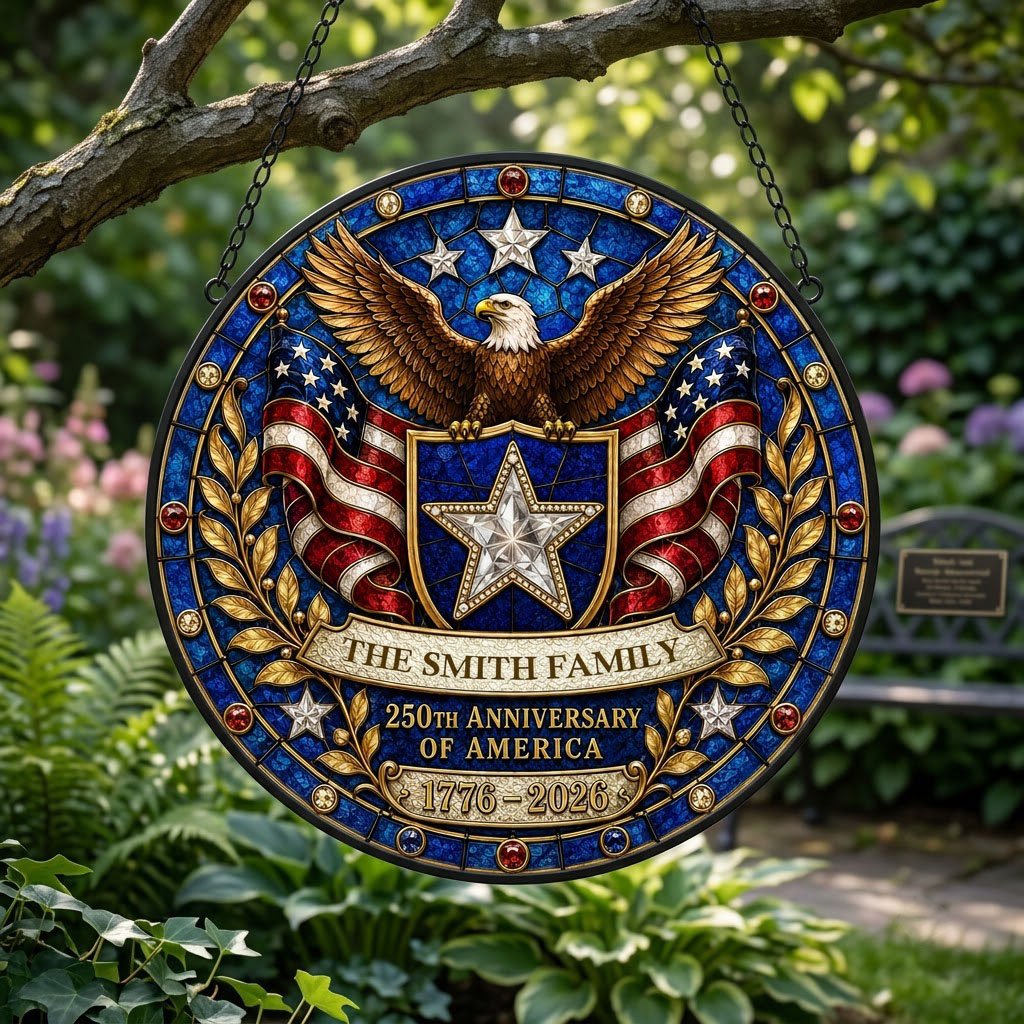 Round stained glass-style suncatcher with a bald eagle, blue star shield, American flags, laurel and a jeweled border.