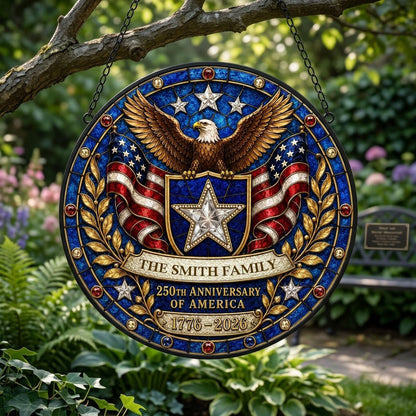 Round stained glass-style suncatcher with a bald eagle, blue star shield, American flags, laurel and a jeweled border.