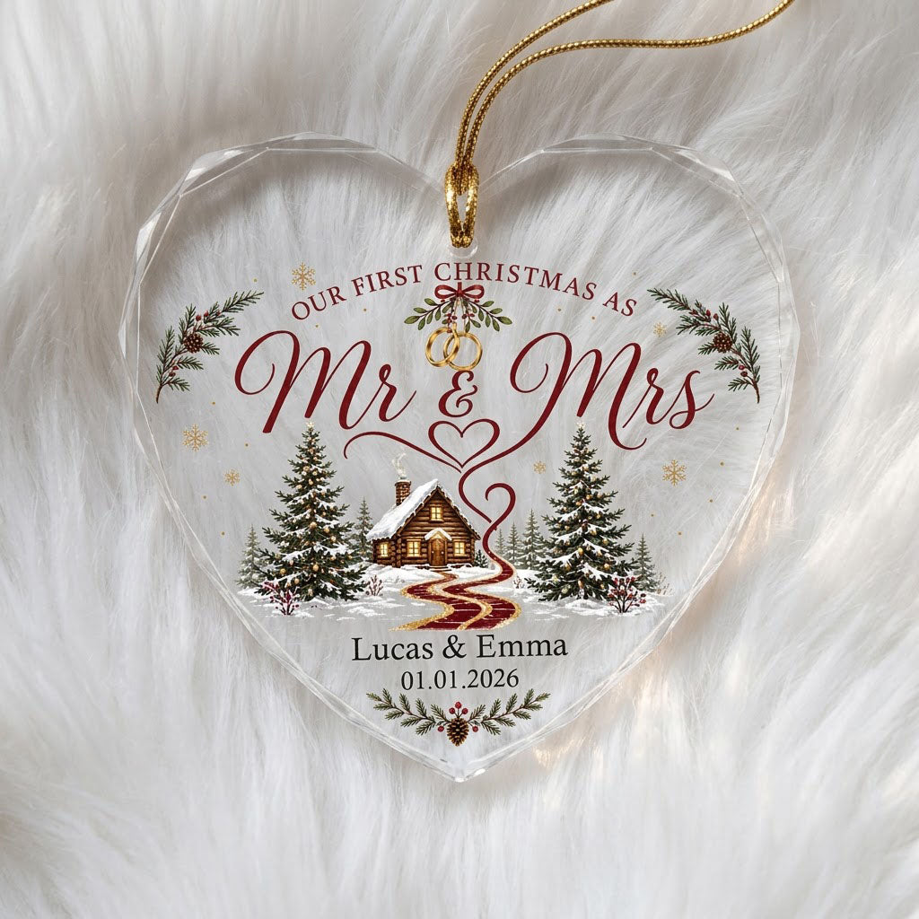 Personalized Our First Christmas as Mr & Mrs Winter Cabin Ribbon Heart Glass Ornament