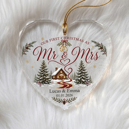 Personalized Our First Christmas as Mr & Mrs Winter Cabin Ribbon Heart Glass Ornament