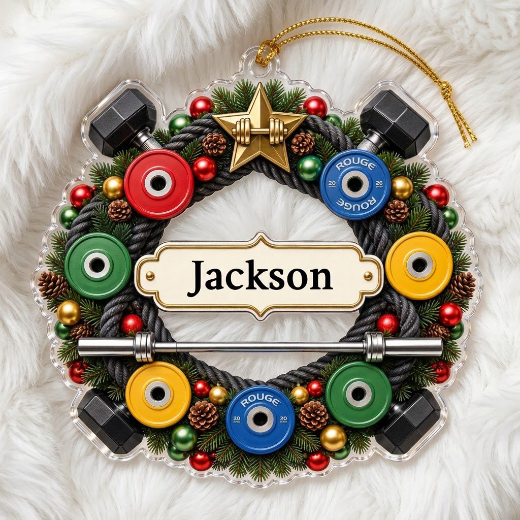 Acrylic ornament shaped around a gym wreath with dumbbells, bumper plates, barbell, and a name banner.