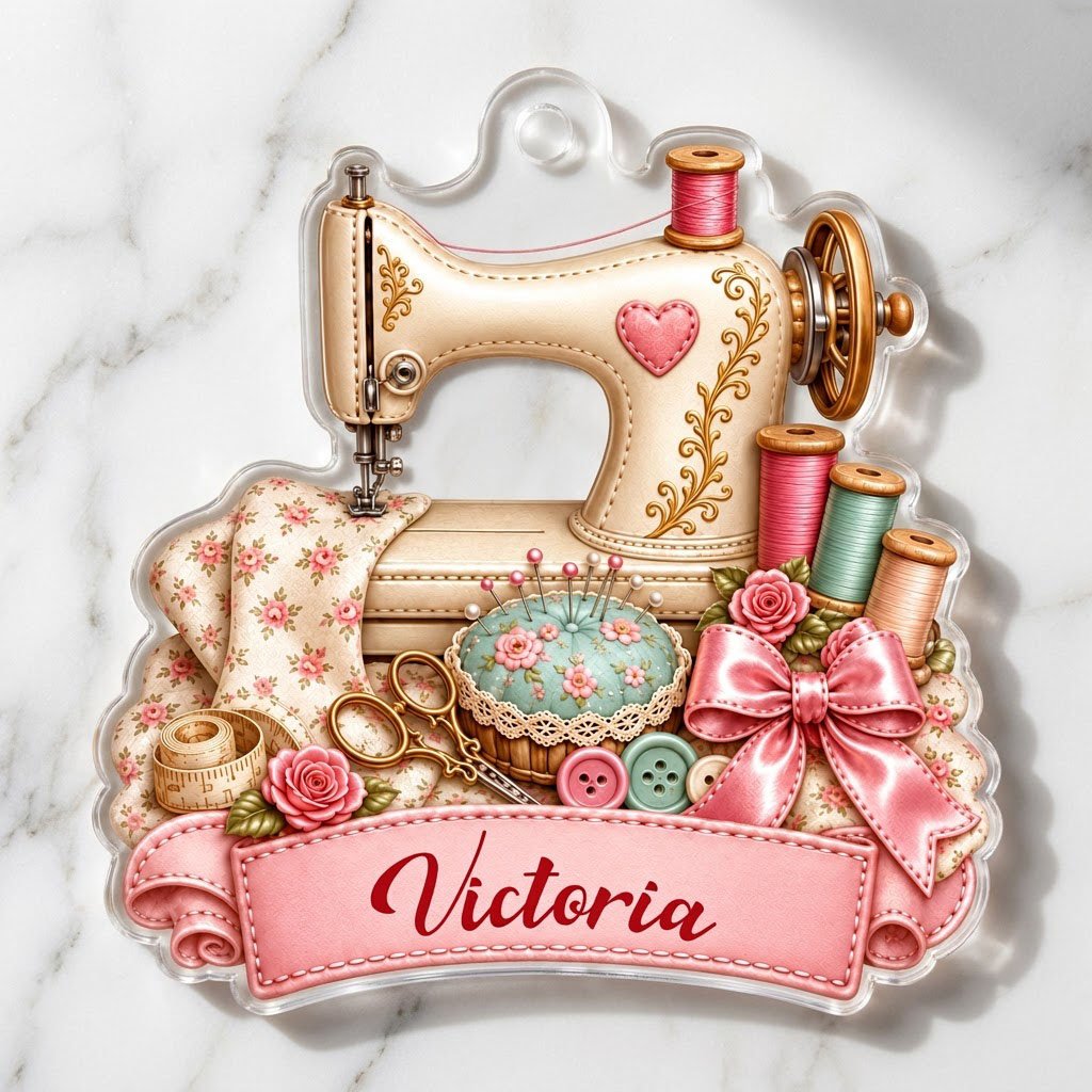 Custom-cut acrylic ornament with vintage cream sewing machine, pink banner, roses, thread spools and scissors.