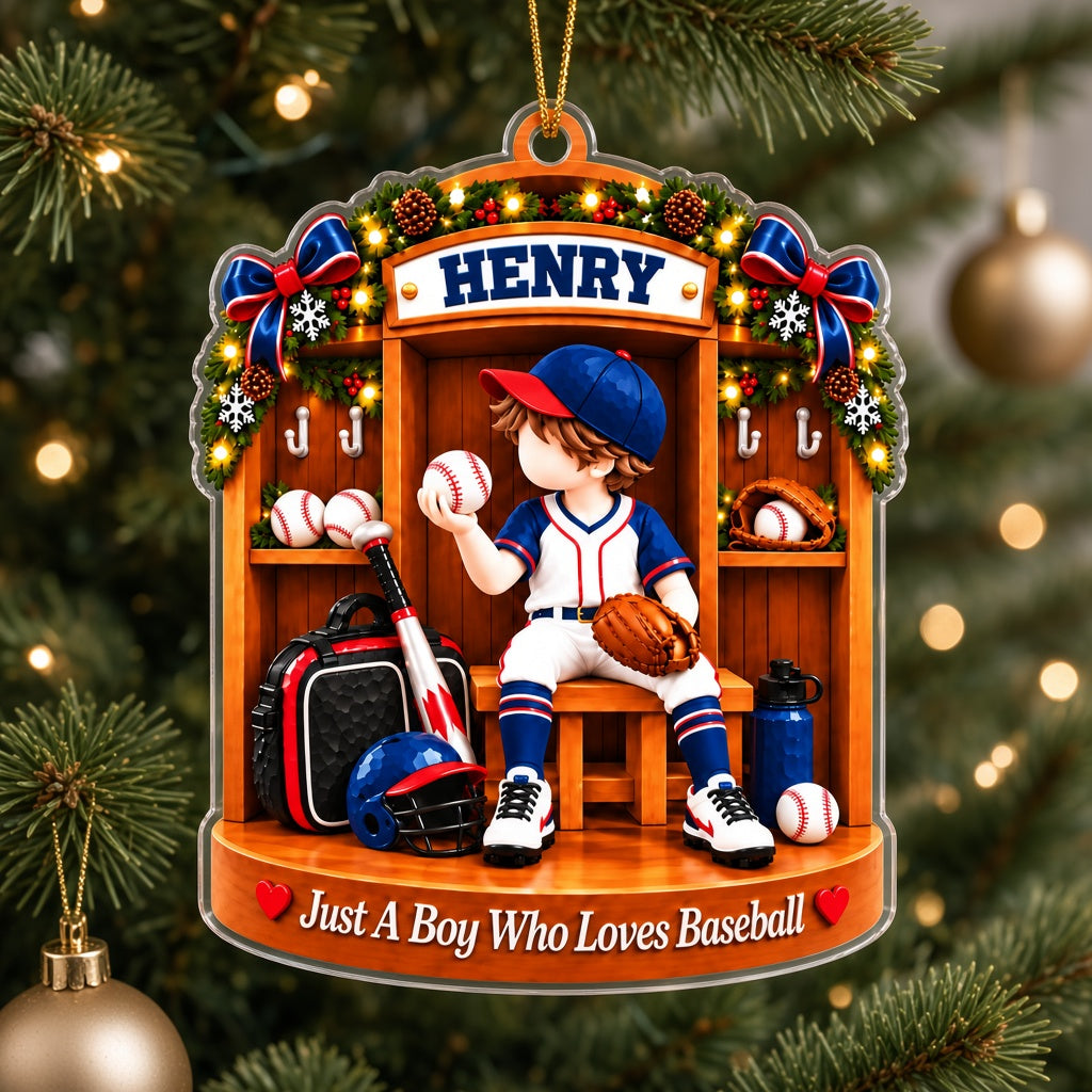 Acrylic ornament of a Christmas baseball locker room with a boy in uniform and the text Just A Boy Who Loves Baseball.
