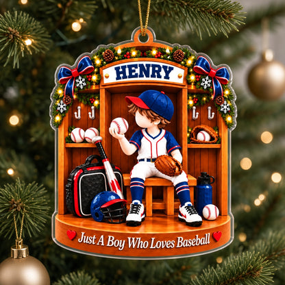 Acrylic ornament of a Christmas baseball locker room with a boy in uniform and the text Just A Boy Who Loves Baseball.