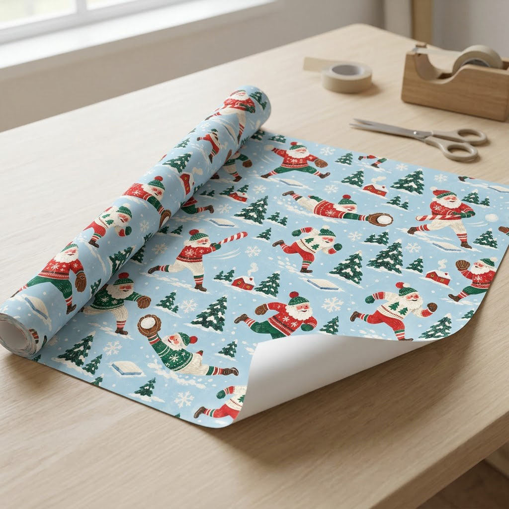 Light blue wrapping paper with Santa playing baseball, pine trees, small red houses, bases, and snowflakes in a repeatin