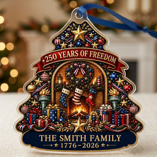 Personalized America 250th Tree Fireplace Acrylic Ornament, Custom Patriotic Holiday Keepsake