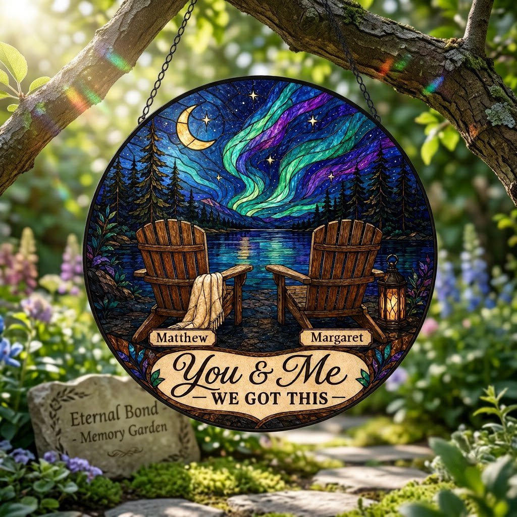 Round stained-glass style suncatcher with aurora, crescent moon, pine trees, lake, two chairs and a lantern.