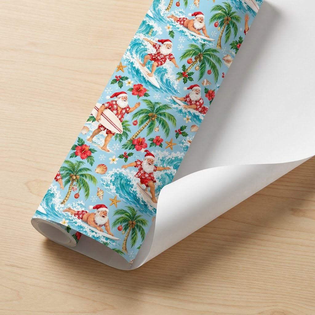 Surfing Santa with palm trees, hibiscus, starfish and seashells on light blue tropical wrapping paper.