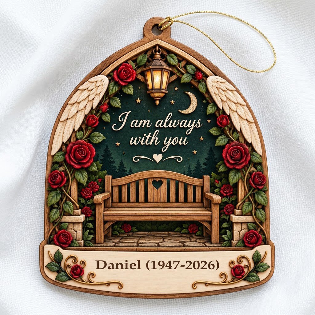 Arch-shaped wood ornament with bench, red roses, angel wings, lantern, and "I am always with you" quote.