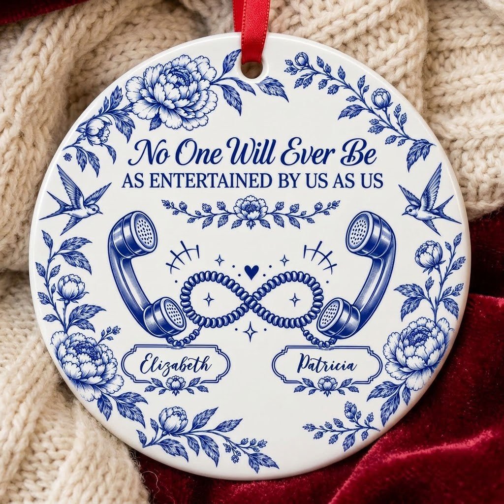 Blue toile round ornament with crown, swallows, vintage phones in an infinity and two name banners