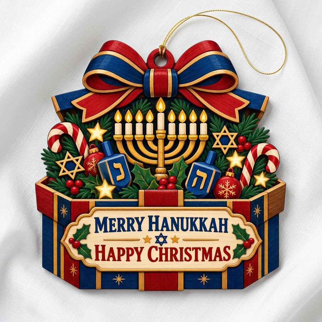 Gift box-shaped wood ornament with menorah, dreidels, candy canes, holly, stars, and Merry Hanukkah Happy Christmas text