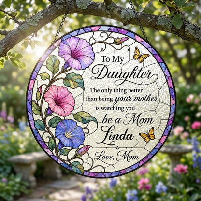 Stained glass–style round suncatcher with three morning glories, two yellow butterflies, and a purple-blue mosaic border