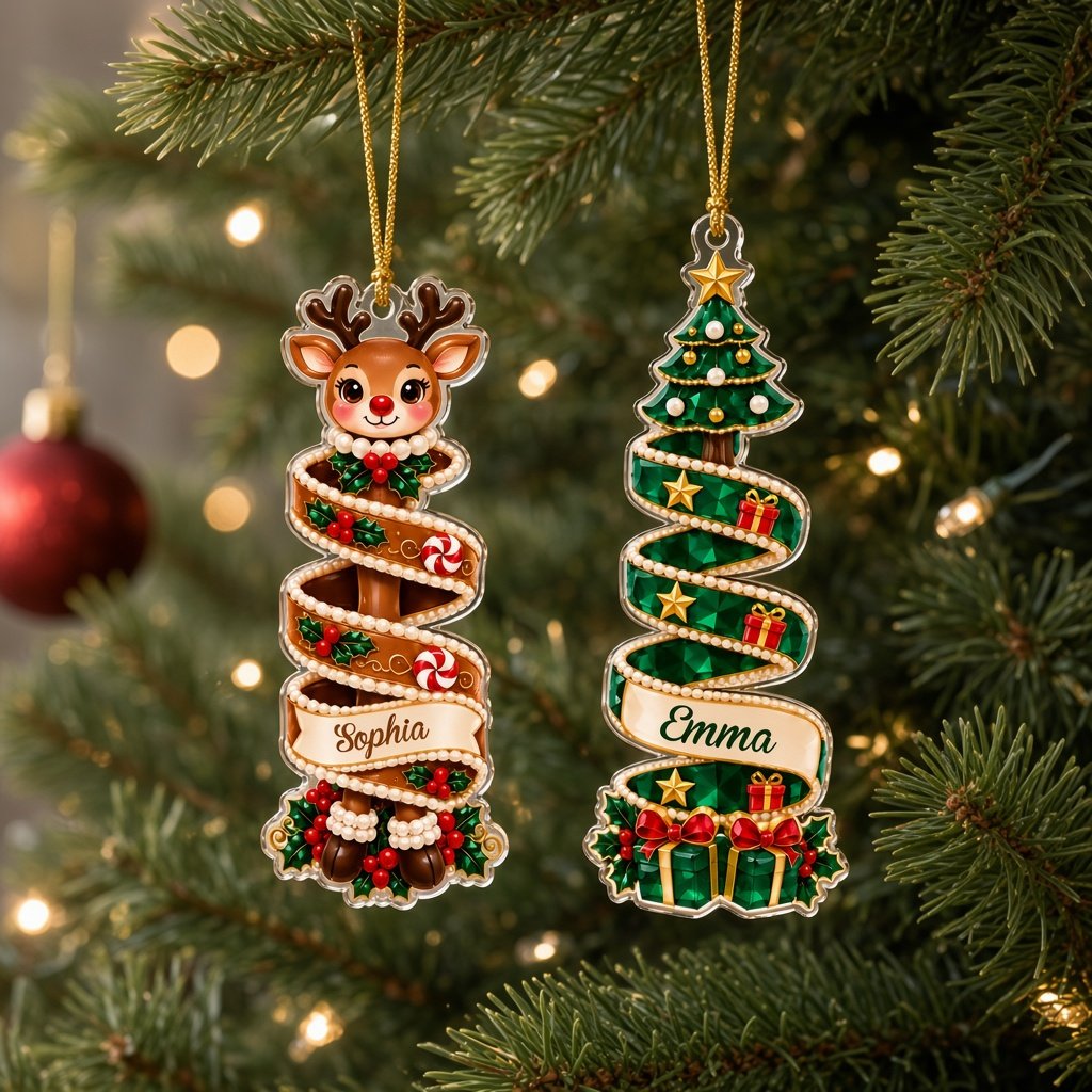 Custom-cut acrylic ornament showing a reindeer or Santa head wrapped in a name banner with holly and candies.