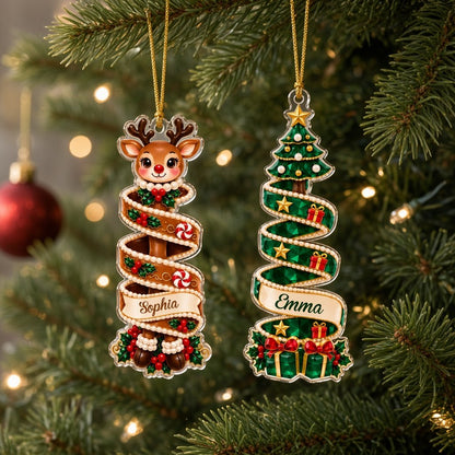Custom-cut acrylic ornament showing a reindeer or Santa head wrapped in a name banner with holly and candies.