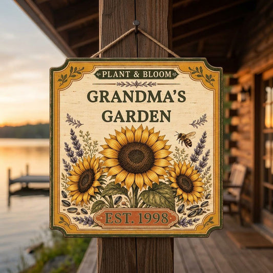 Square bracketed wooden sign with three sunflowers, lavender, a honeybee, and “Plant & Bloom” and “Grandma’s Garden” tex