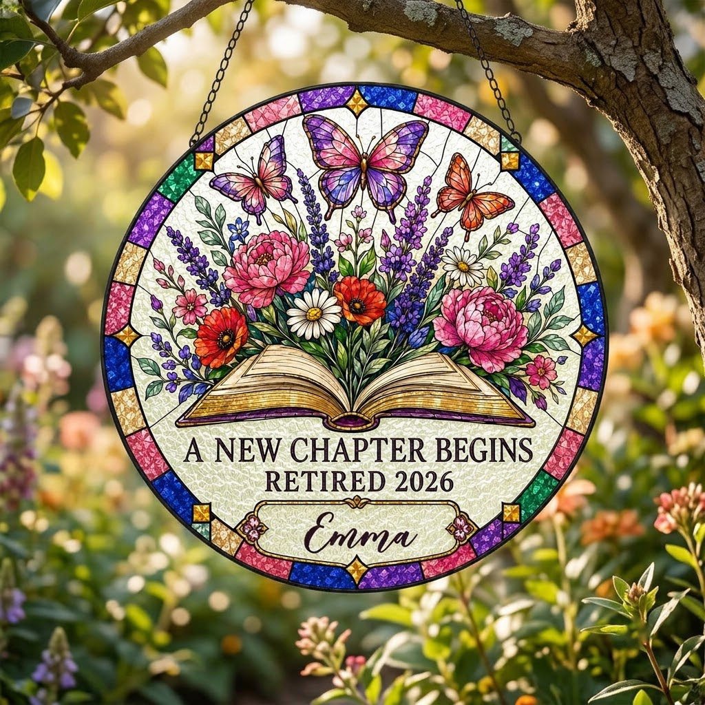 Personalized Retirement Open Book & Butterflies A New Chapter Begins Stained Glass Round Suncatcher