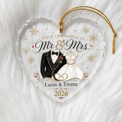 Personalized First Christmas as Mr & Mrs Tuxedo Gown Heart Glass Ornament