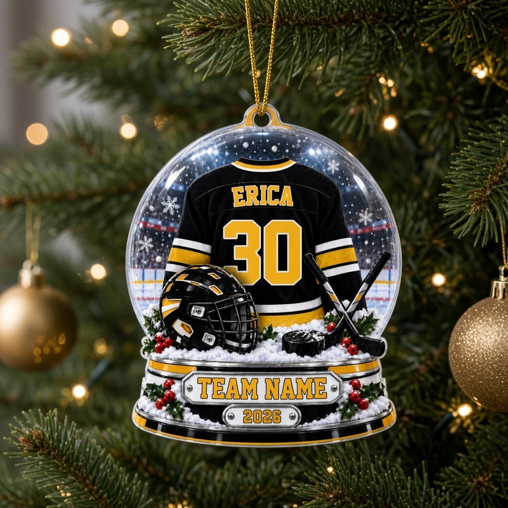 Acrylic snow globe ornament with hockey jersey, helmet, crossed sticks, puck, holly, and a silver plaque base.