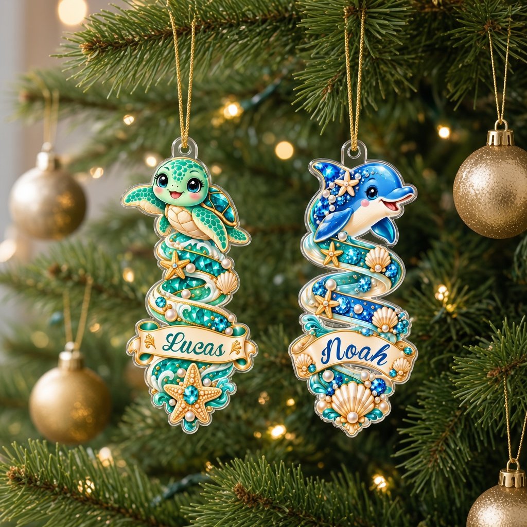 Clear acrylic ornament with a dolphin or seahorse, ocean banners, starfish, seashells and gemstones.