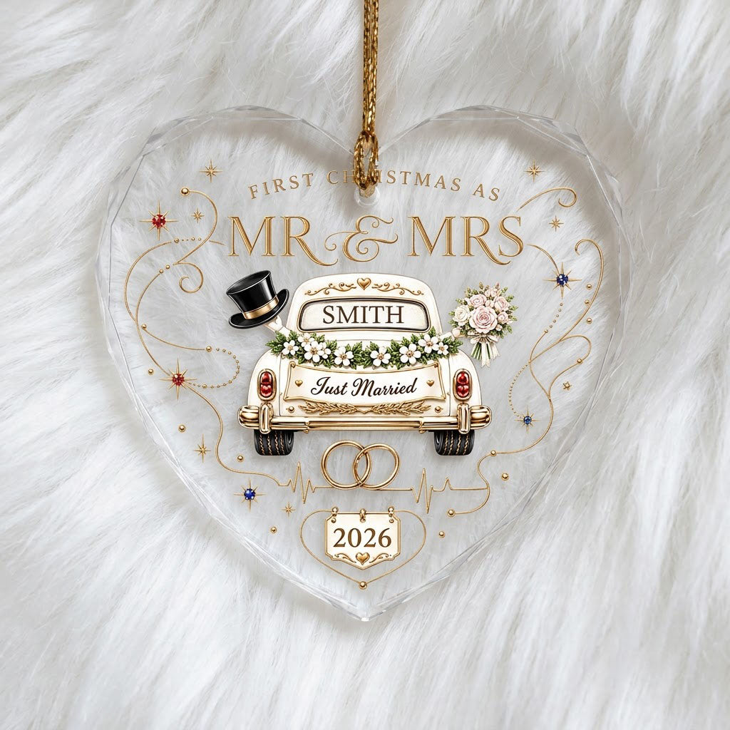 Personalized First Christmas as Mr & Mrs Vintage Just Married Car Heart Glass Ornament