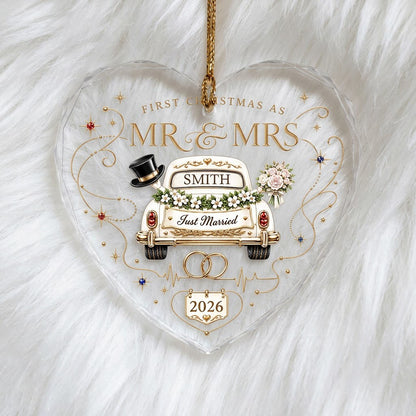 Personalized First Christmas as Mr & Mrs Vintage Just Married Car Heart Glass Ornament