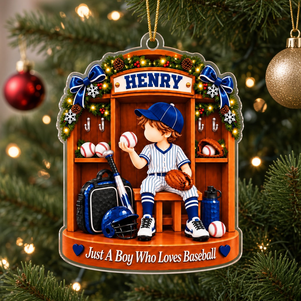 Custom acrylic ornament of a boy in a baseball locker with garland and snowflakes, personalized with his name.