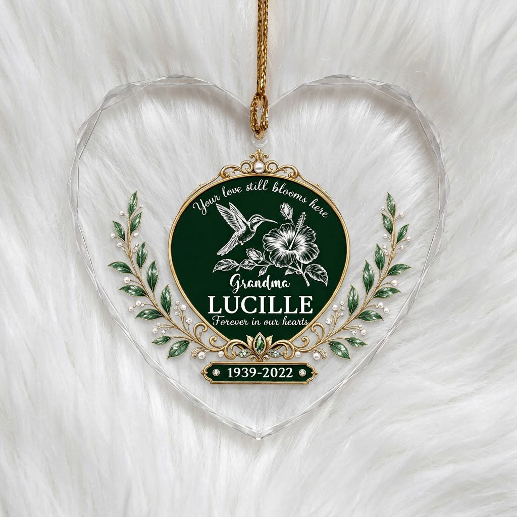 Personalized Hummingbird Memorial Your Love Still Blooms Here Emerald Heart Glass Ornament