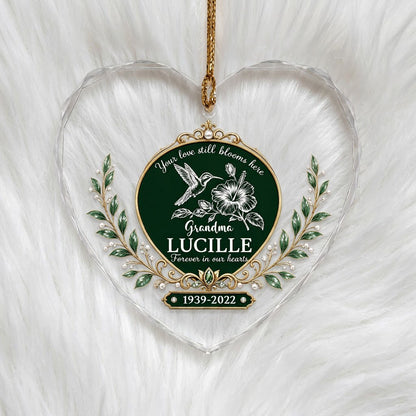 Personalized Hummingbird Memorial Your Love Still Blooms Here Emerald Heart Glass Ornament