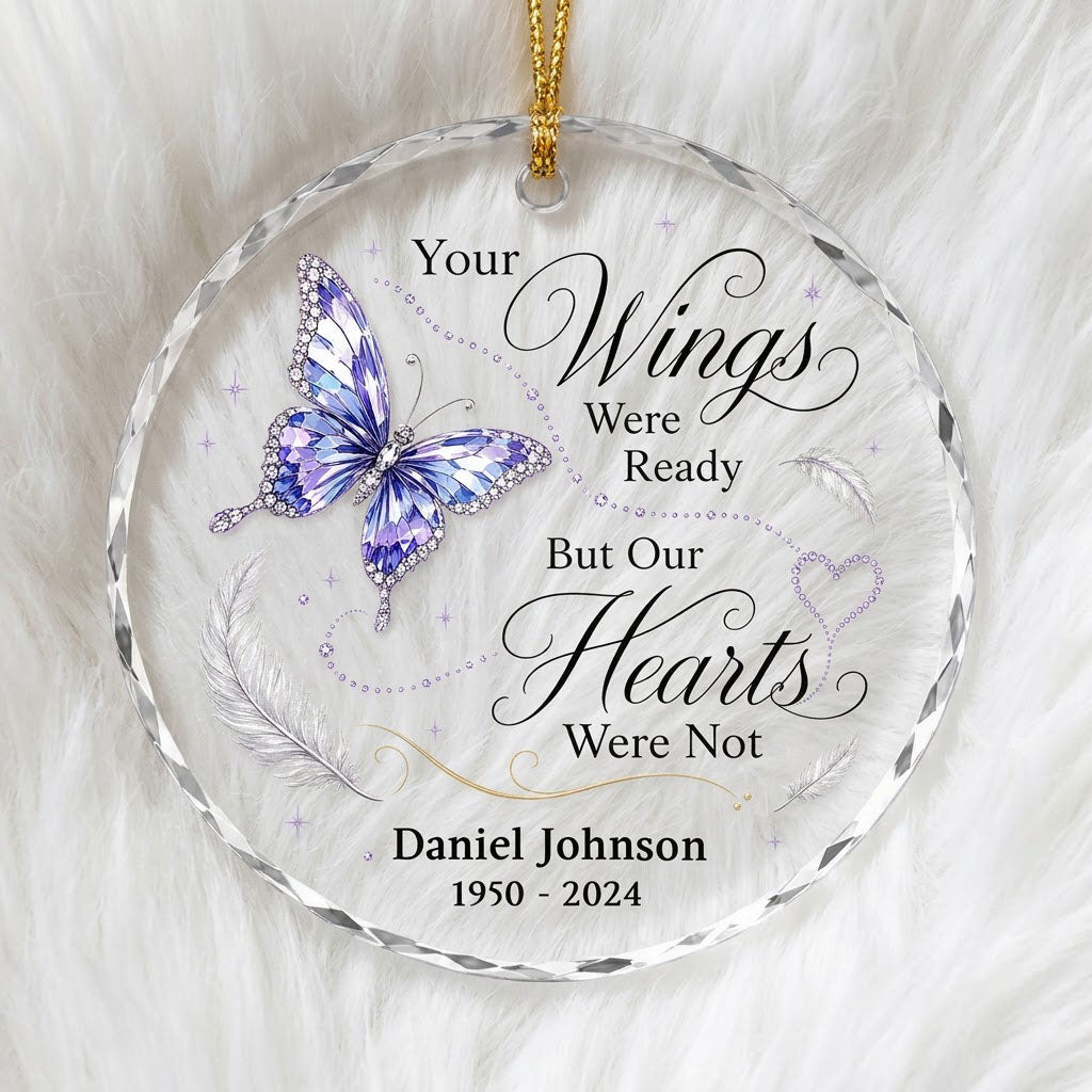 Personalized Butterfly Memorial Your Wings Were Ready Crystal Heart Glass Ornament