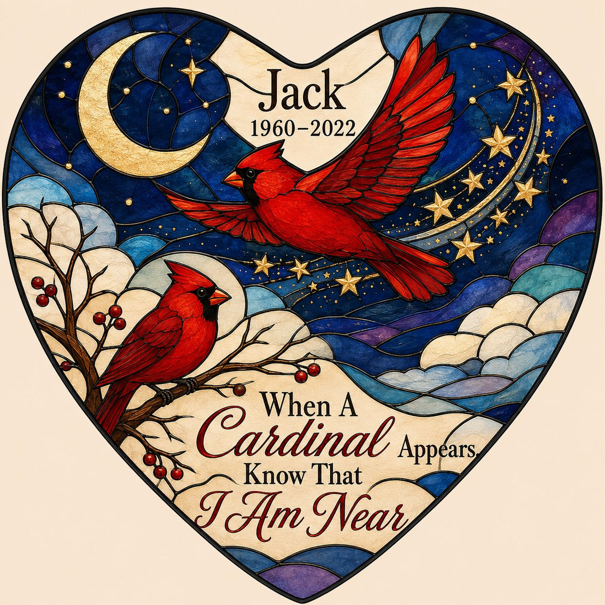 Heart stained-glass suncatcher with two red cardinals, a crescent moon, stars, and a branch with red berries.