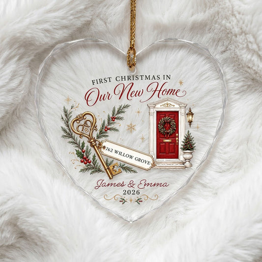 Personalized First Christmas in Our New Home Key Front Door Heart Glass Ornament
