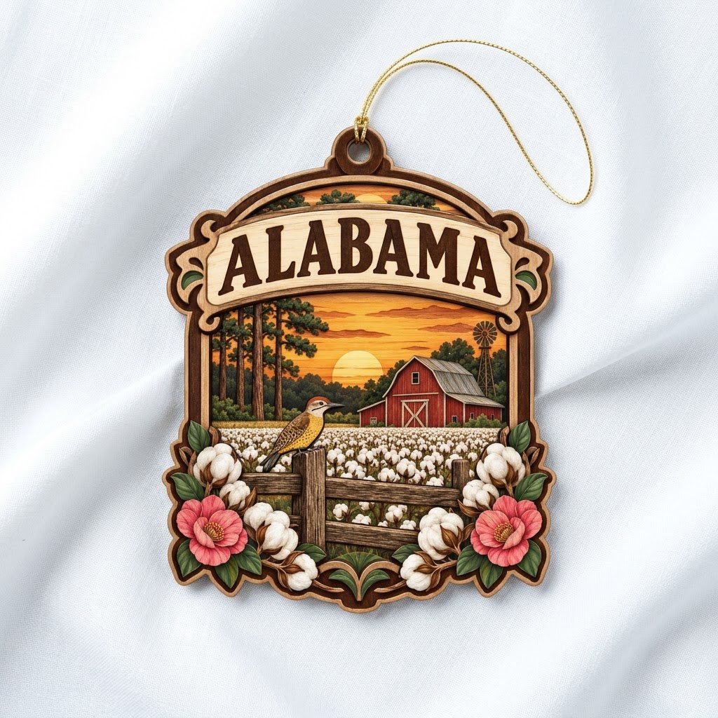 Custom-cut wood ornament with “ALABAMA”, red barn, windmill, yellowhammer bird, cotton and pink camellias at sunset.