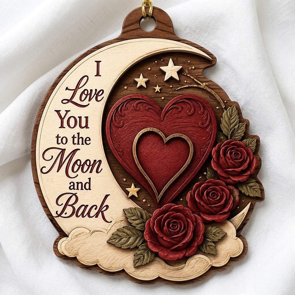 Custom-cut wood ornament with a crescent moon, red heart, three red roses, gold stars, and clouds.