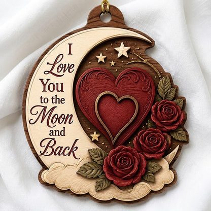Custom-cut wood ornament with a crescent moon, red heart, three red roses, gold stars, and clouds.