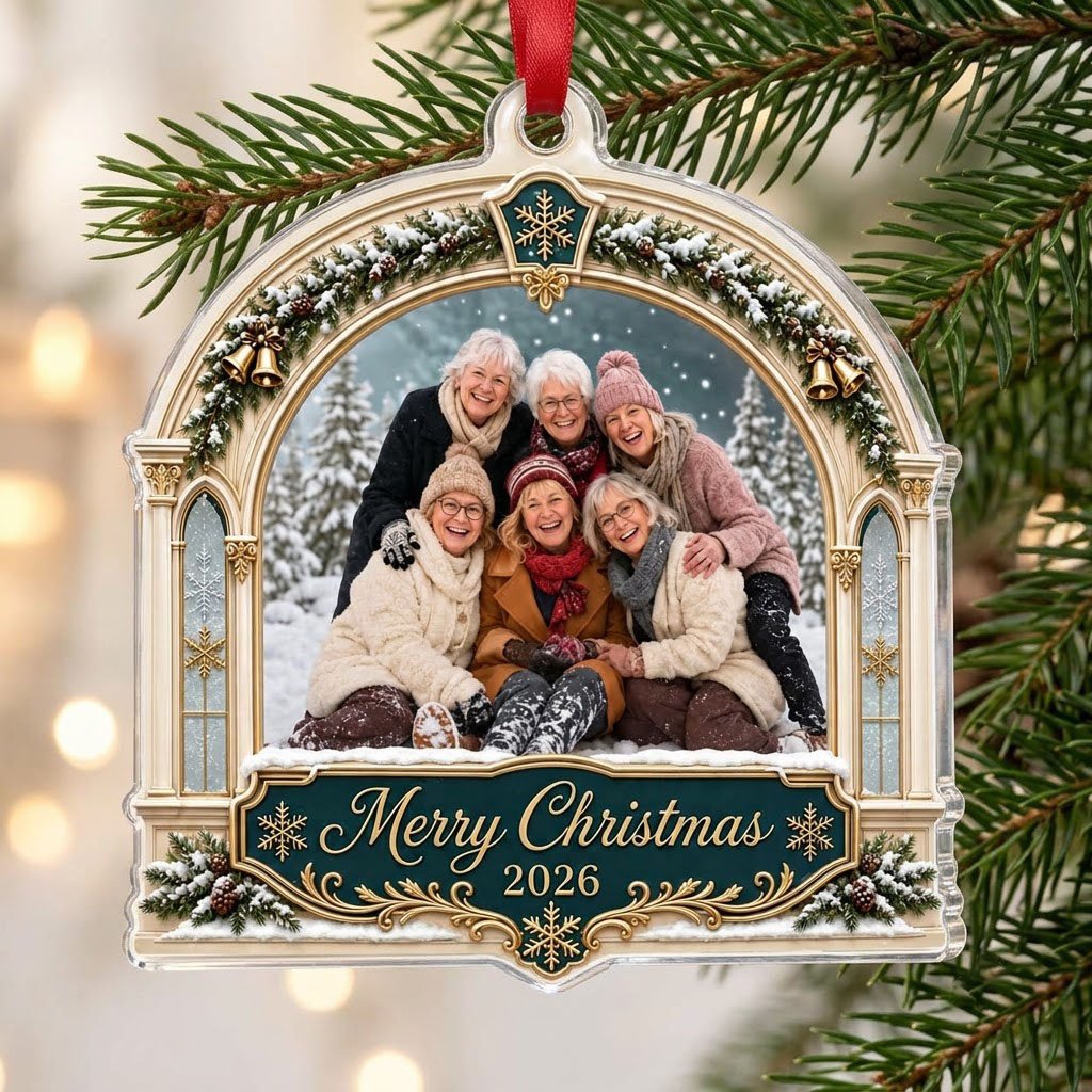 Arch acrylic ornament with pine, gold bells, Merry Christmas text, plus a photo and year on a green banner.